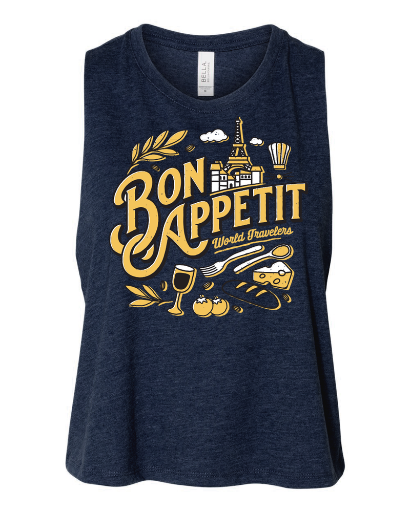 Bon Appétit, Racerback Cropped Tank, Heather Navy, Ready to Ship