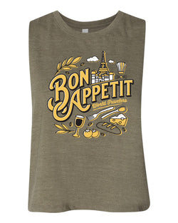 Bon Appétit, Racerback Cropped Tank, Heather Olive, Ready to Ship